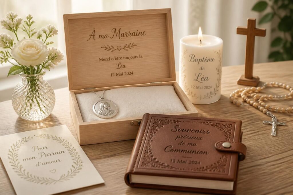 découvrez notre sélection de cadeaux personnalisés pour marraine et parrain, parfaits pour célébrer un baptême ou une communion avec une touche unique et mémorable.