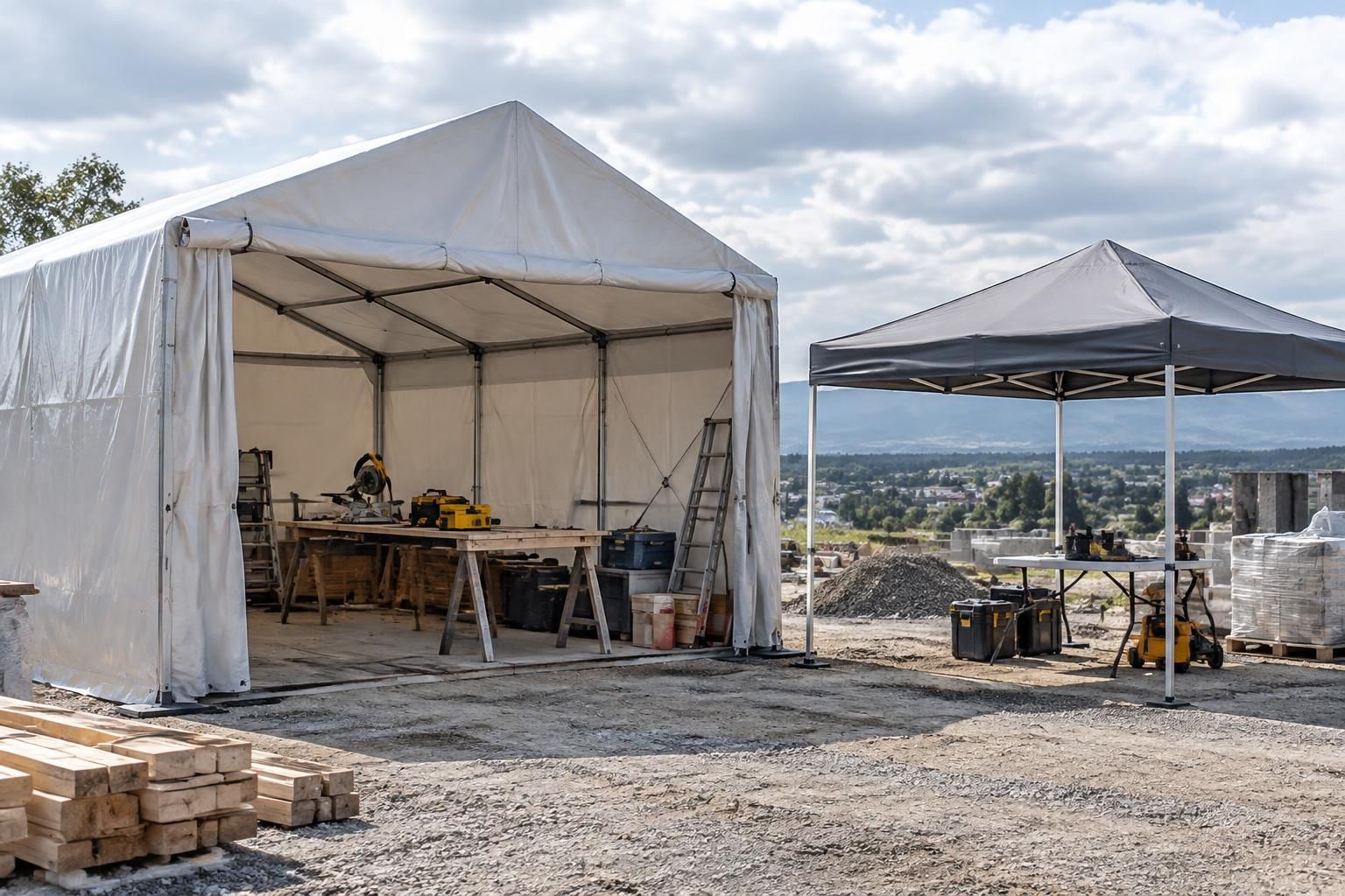 protégez vos équipes et votre matériel avec une tente de chantier ou une tonnelle pliante, idéale pour les travaux extérieurs.
